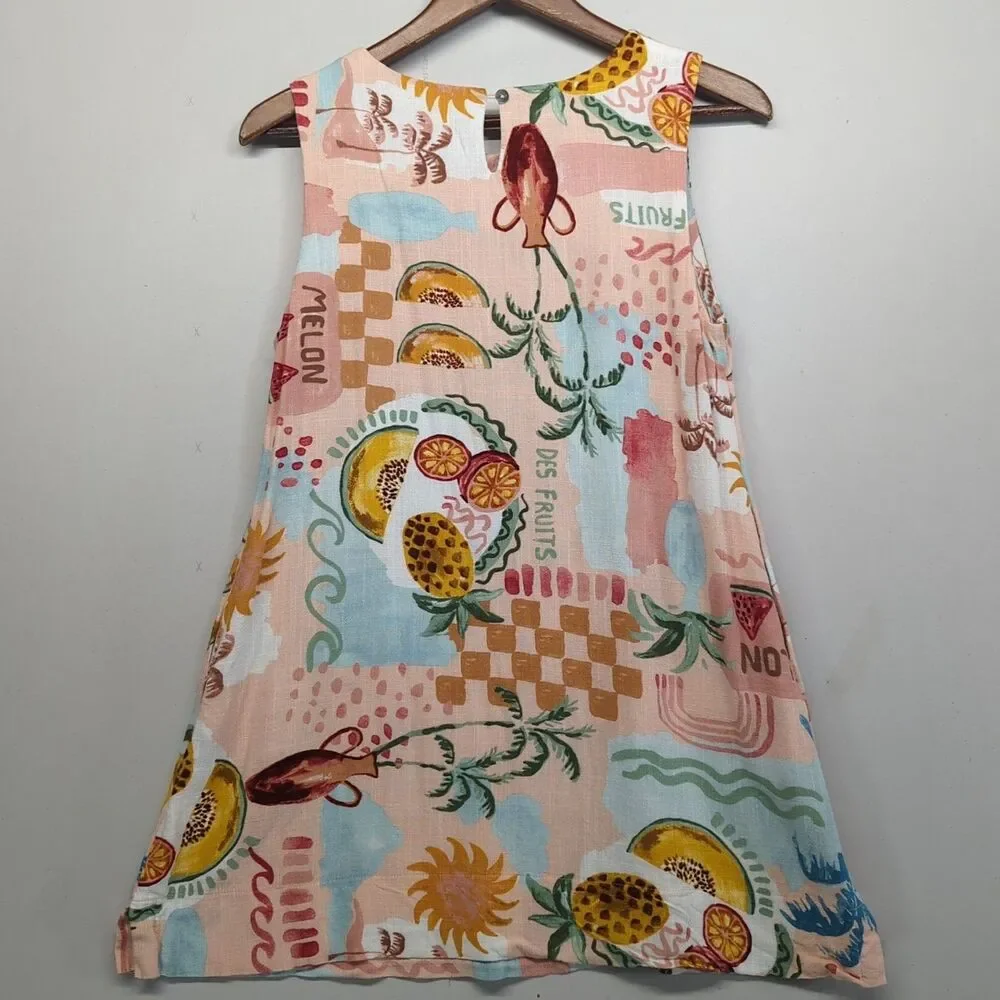 Paper Heart Anthropologie Fruit Print Linen Blend A Line Shift Mini Dress M Boho - Picture 2 of 10